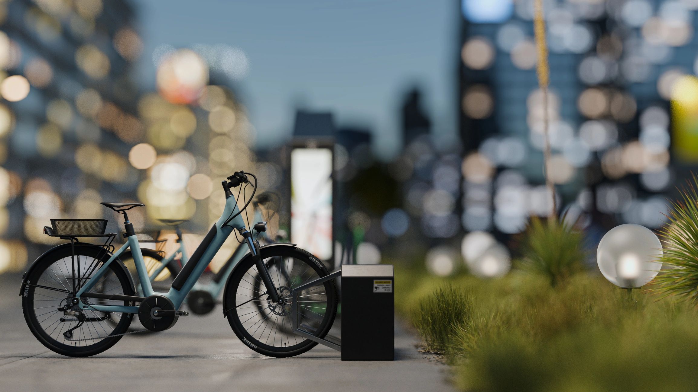 E-bike parked outdoors at night, representing 24/7 rentals